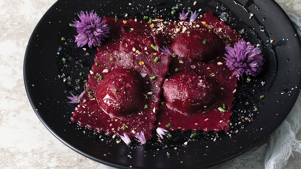 Vegan Beetroot Ravioli with Almond Ricotta & Chives