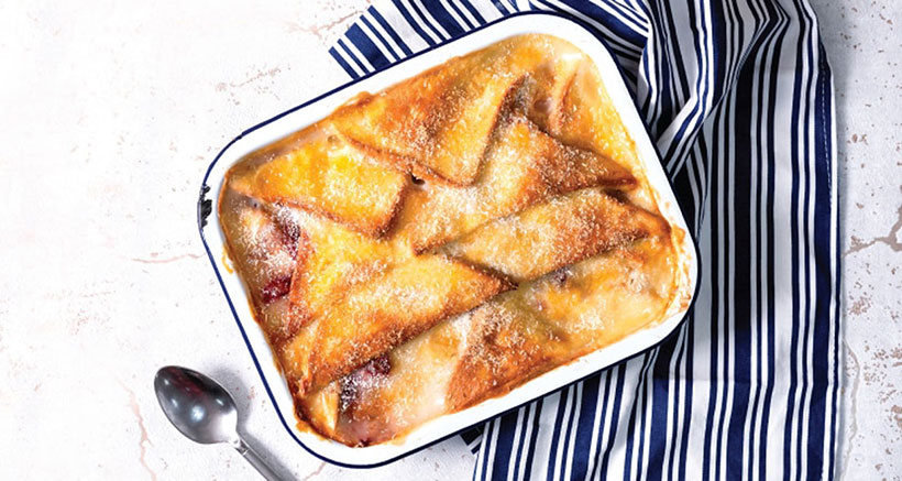 Vegan Bread and Butter Pudding with Fruit Compote and Coconut 