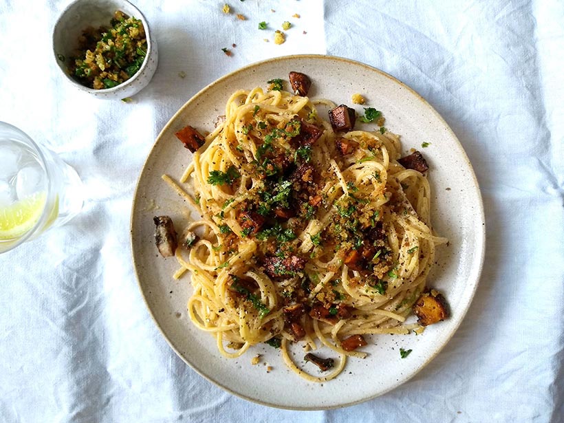 Spaghetti Carbonara with Mushroom ‘Bacon’