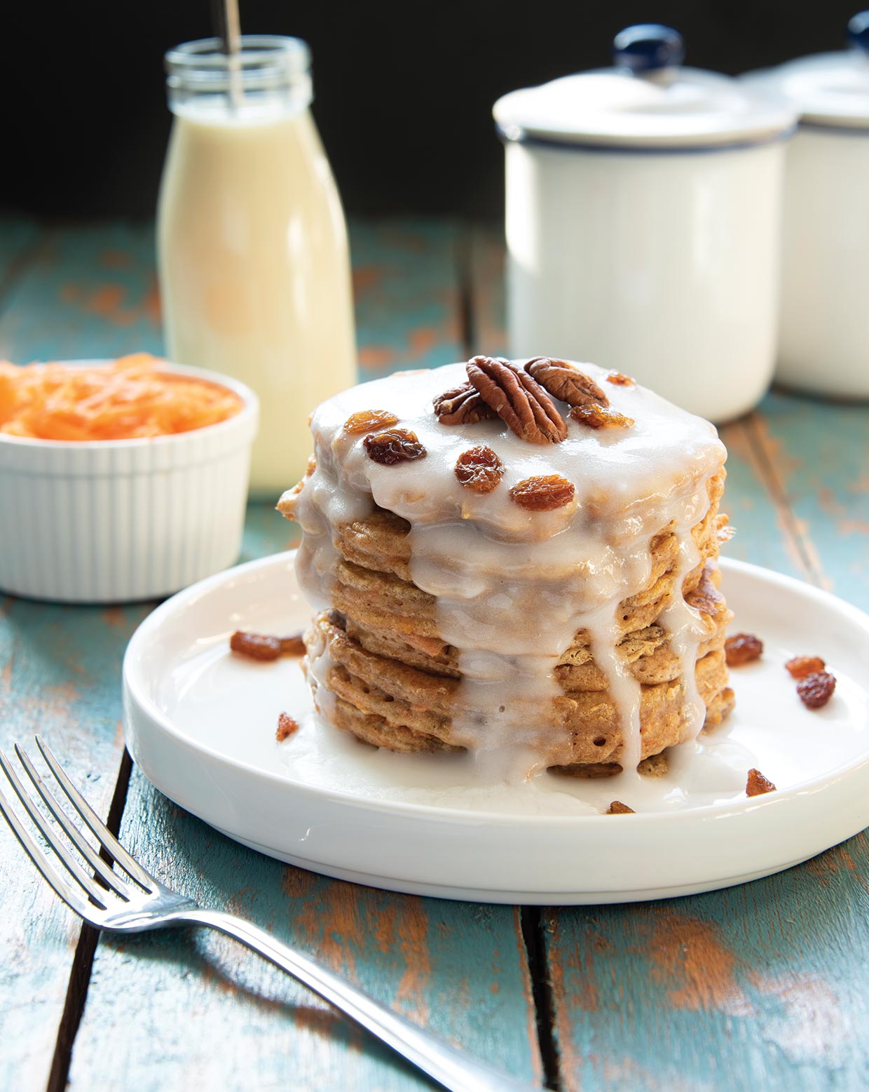 Vegan Carrot Cake Pancakes with Zesty Cream Cheese Icing Drizzle