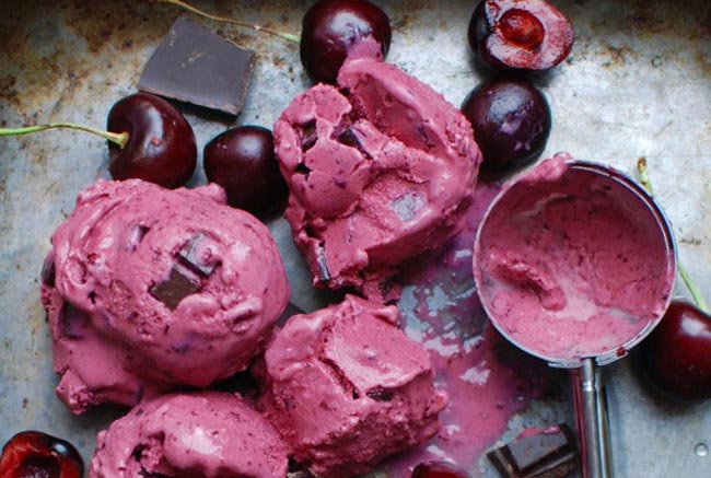 Vegan Cherry Ice Cream with Rosewater & Dark Chocolate