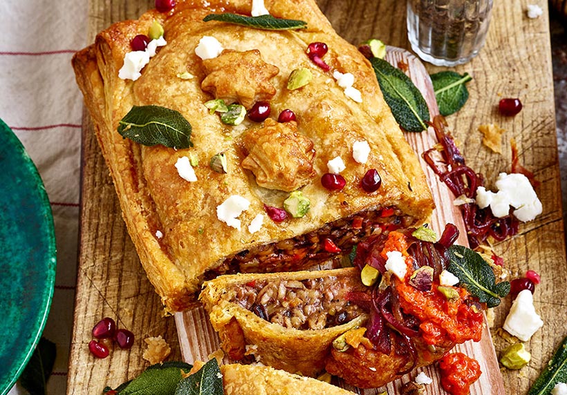 Vegan Braised Chestnut Wellington Recipe with a Charred Red Pepper Dressing