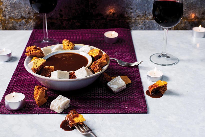 Vegan Chocolate Caramel Fondue with Vegan Marshmallows and Honeycomb 