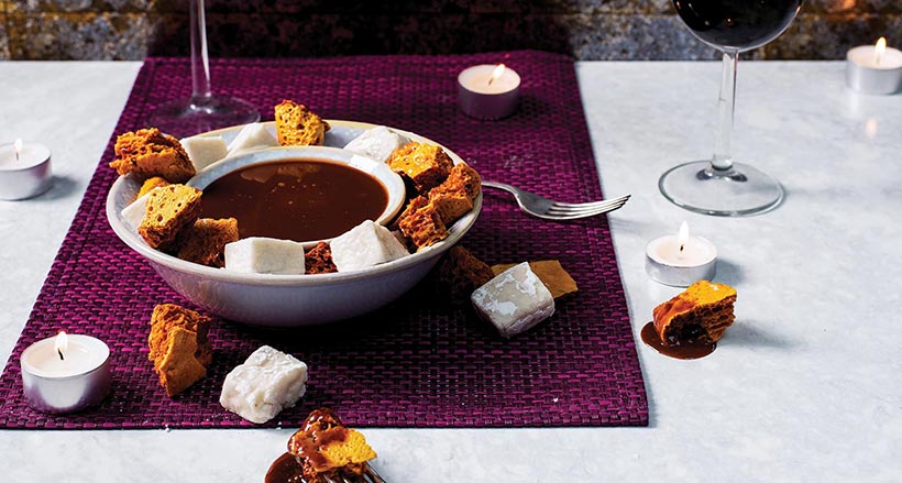 Vegan Chocolate Caramel Fondue with Vegan Marshmallows and Honeycomb 