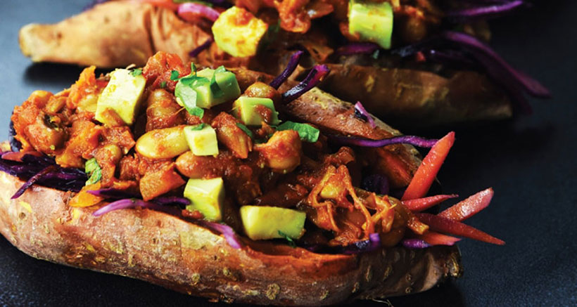 Vegan Jackfruit BBQ Beans in a Sweet Potato Jacket with Slaw 