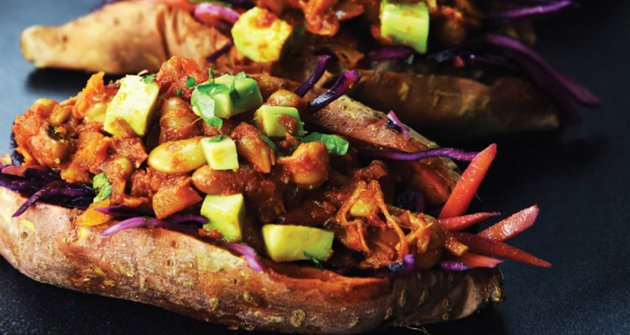 Vegan Jackfruit BBQ Beans in a Sweet Potato Jacket with Slaw