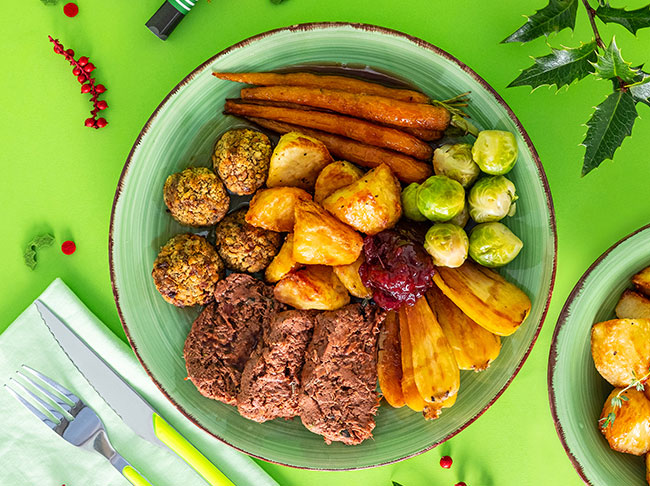 Vegan Christmas Dinner with stuffing and roast veggies 