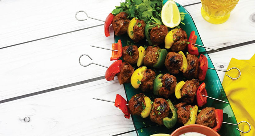 A plate full of Vegan Jerk Seitan Skewers