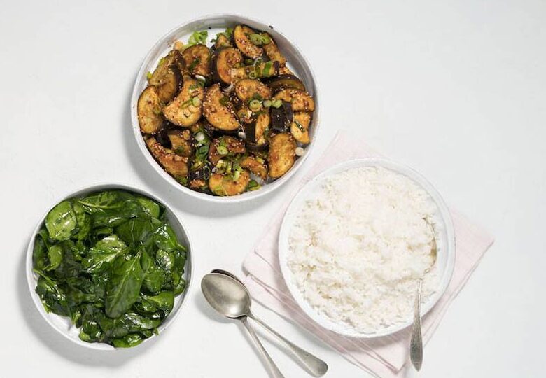 Korean aubergine with sesame spinach and rice - healthy vegan lunch recipes