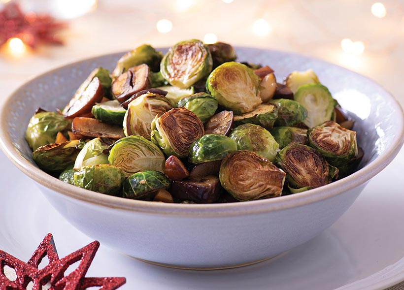 Maple Roasted Brussels Sprouts and Chestnuts 