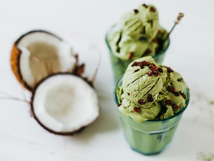 Vegan Matcha Ice Cream with cacao nibs and coconut