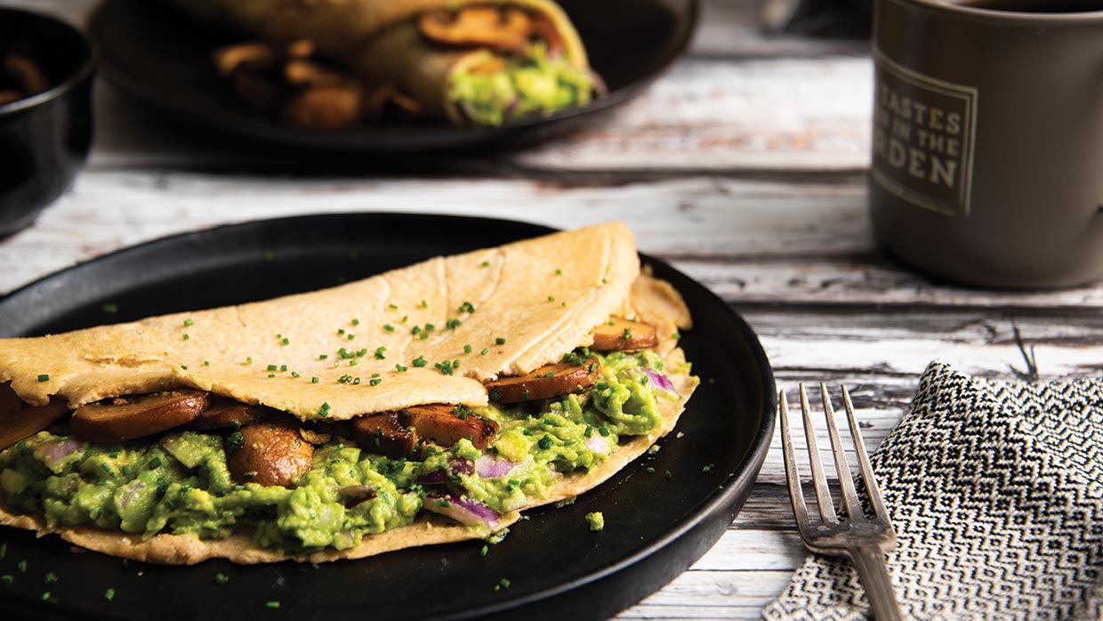 Vegan Oat Crêpes with Crushed Avocado and Mushrooms