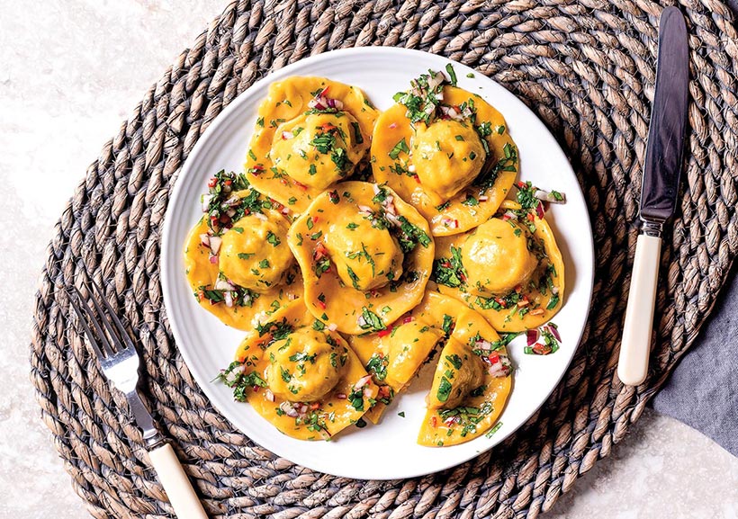 Vegan Potato Samosa Ravioli with Coriander Salsa 