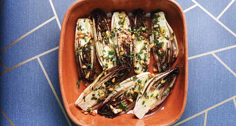 Vegan Roasted Chicory with Garlic, Lemon, Chilli & Pine Nuts