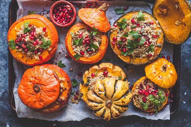 Vegan Roasted Pumpkins Stuffed with Quinoa and Pomegranate