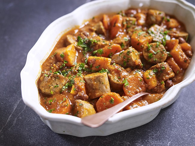 Vegan sausage casserole is one of our favourite cheap vegan meals