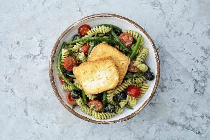 Smoked tofu and walnut pesto pasta salad