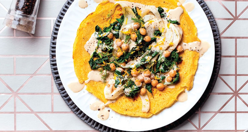 Socca Pancake with Spinach, Fennel & Tahini Dressing