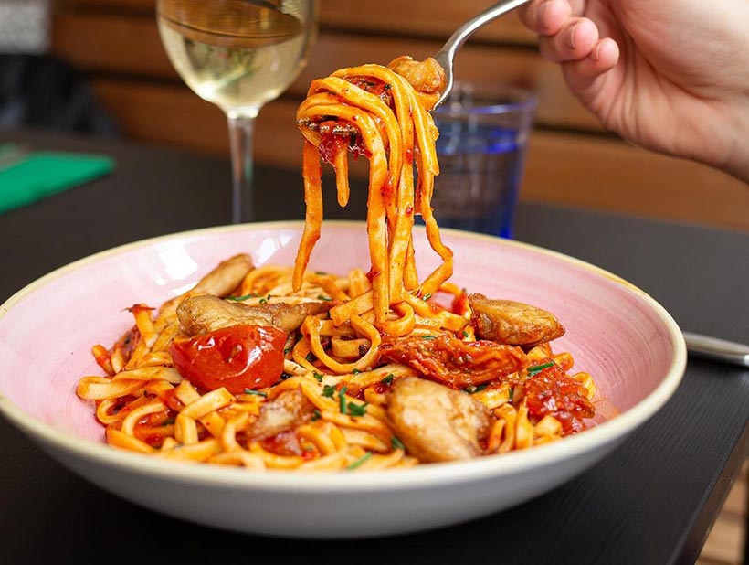 A bowl of vegan spaghetti from vegan restaurant Pastan in London