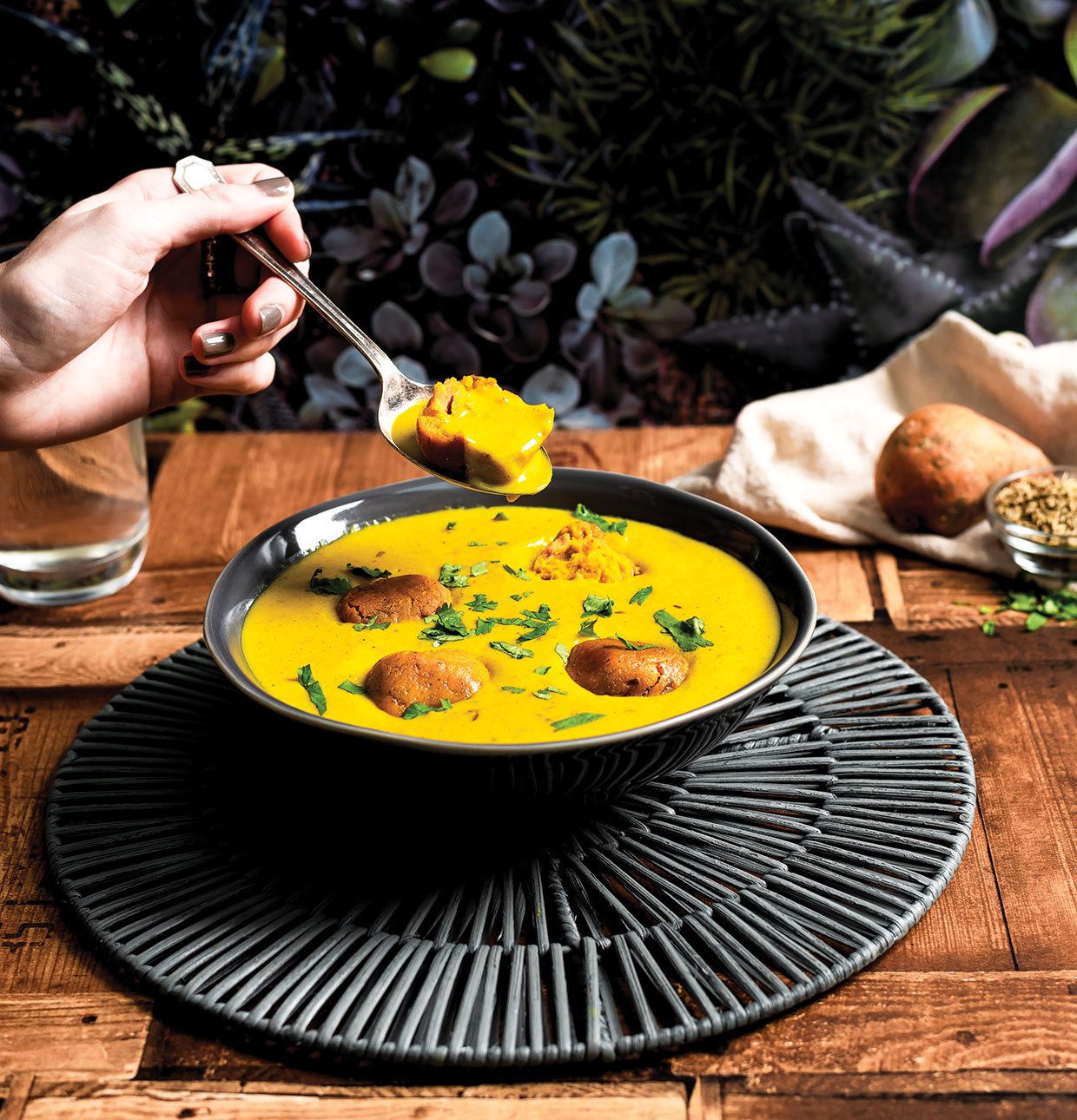 Spice up your weeknight menu with this vegan sweet potato kadhi pakora recipe