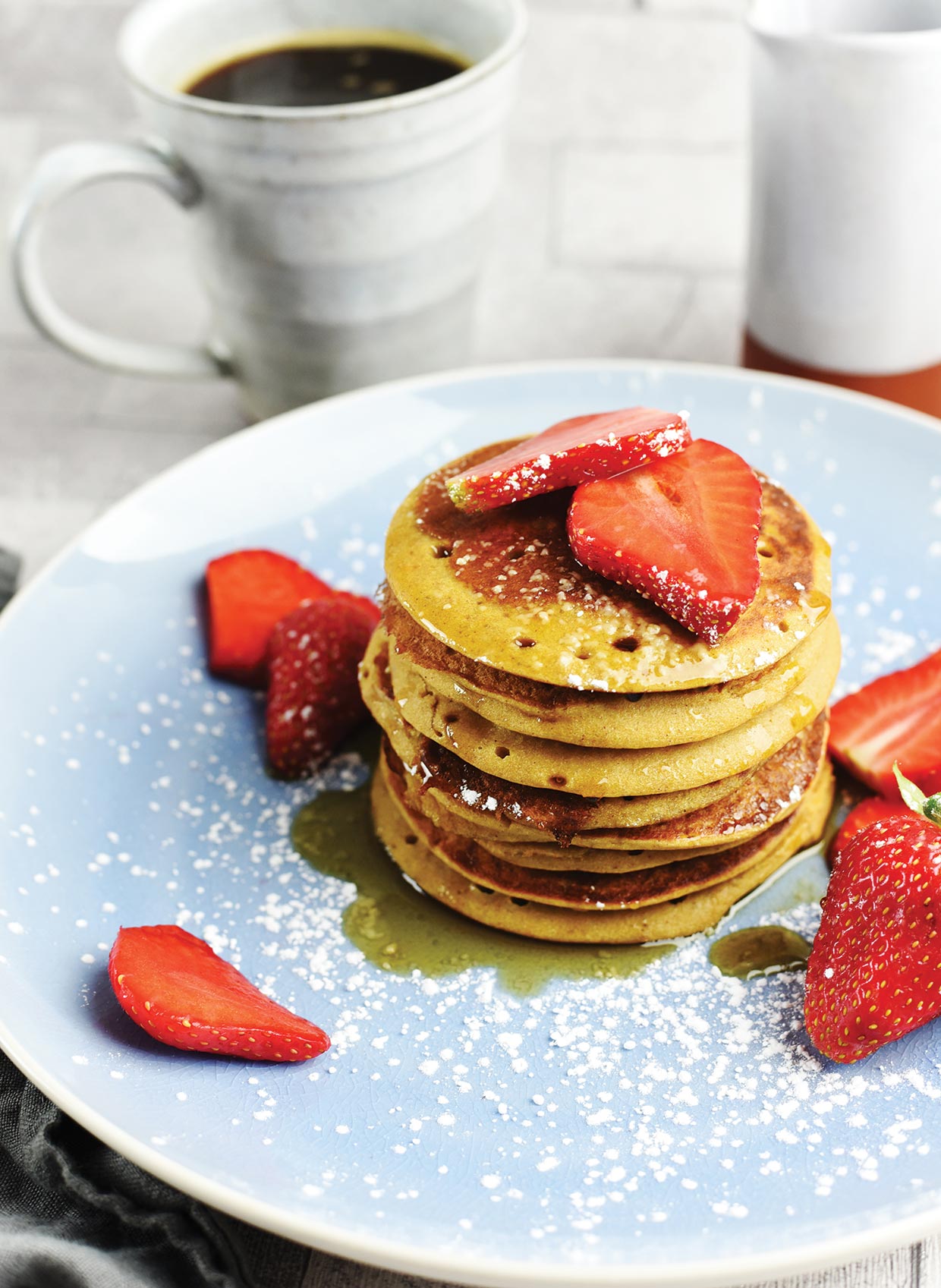 Gluten-Free & Vegan Sweet Potato Pancakes with Strawberries and Maple Syrup