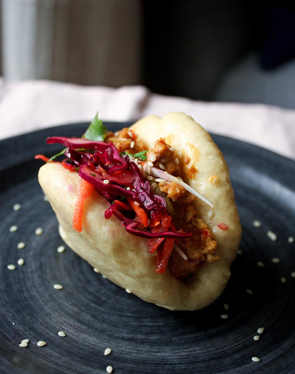 Vegan Bao Buns with Tempeh, Peanuts and Zingy Red Cabbage Slaw