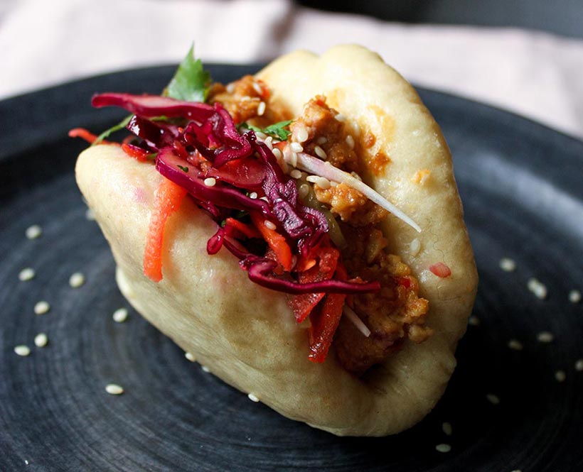 Vegan Bao Buns with Tempeh, Peanuts and Zingy Red Cabbage Slaw