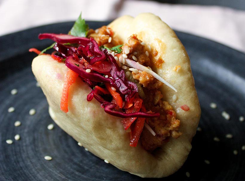 Vegan Bao Buns with Tempeh, Peanuts and Zingy Red Cabbage Slaw 