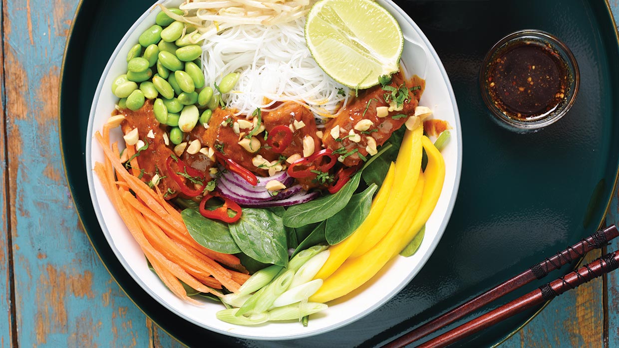 Vegan Tempeh Noodle Salad with Peanut Sauce and Mango