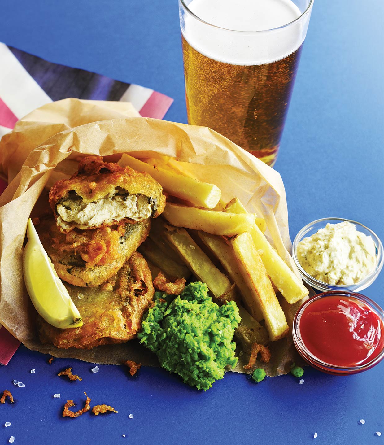 Tofish and Chips with Tartar Sauce and Mushy Peas