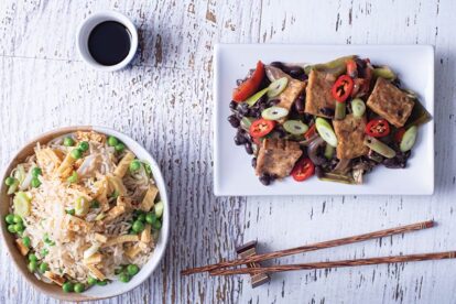 vegan tofu in black bean sauce served with egg fried rice