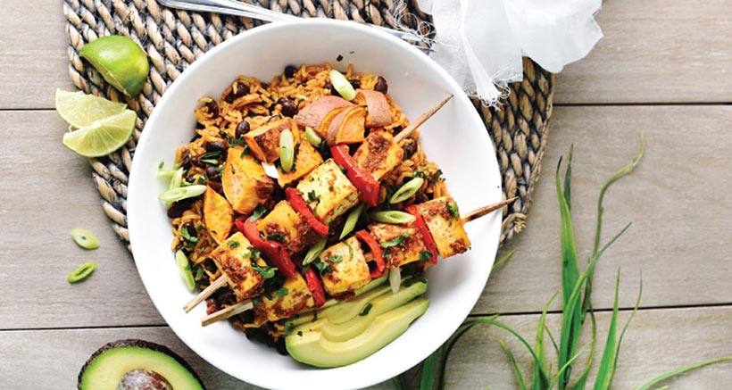 Vegan Tofu Skewers with Mexican Rice & Roasted Sweet Potato