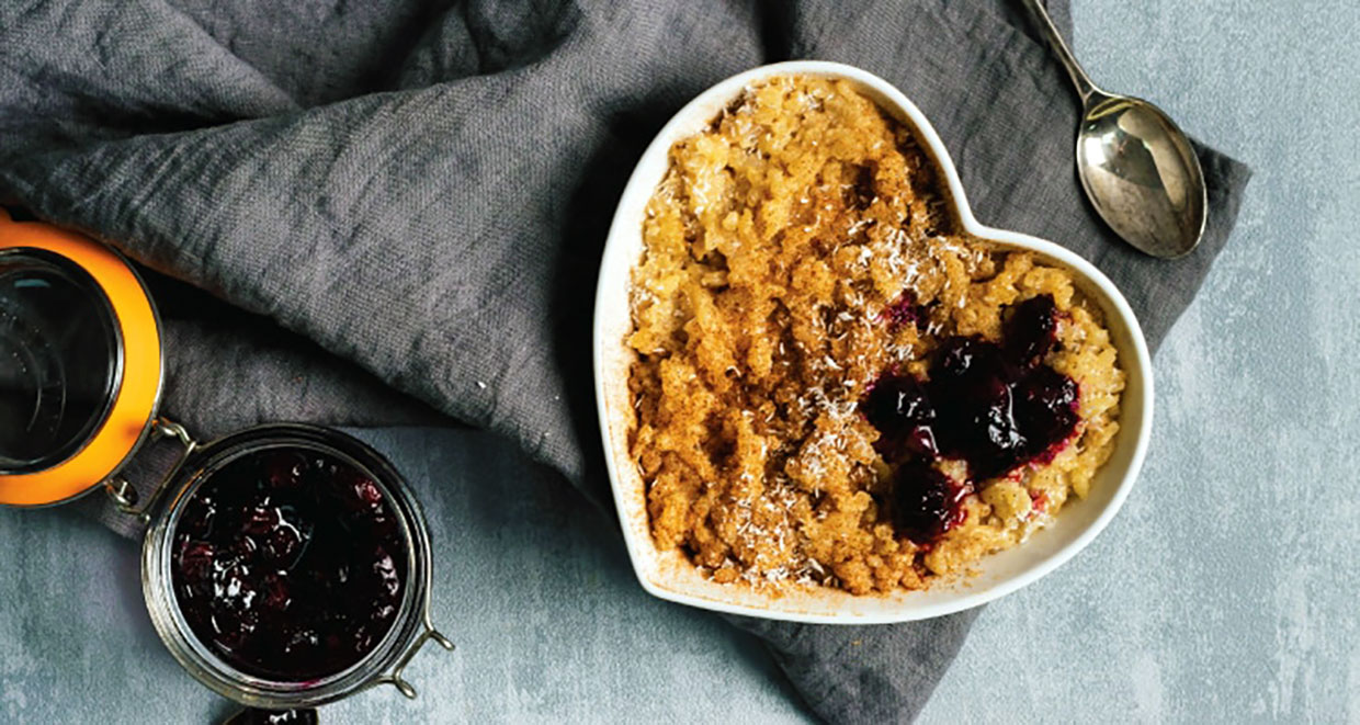 Vegan Baked Coconut Rice Pudding with Blueberry Compote