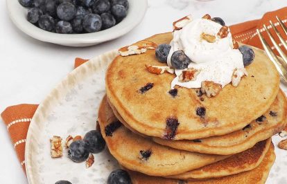 Wild Blueberry Cornmeal Pancake Stack with Vegan Maple Cream Cheese