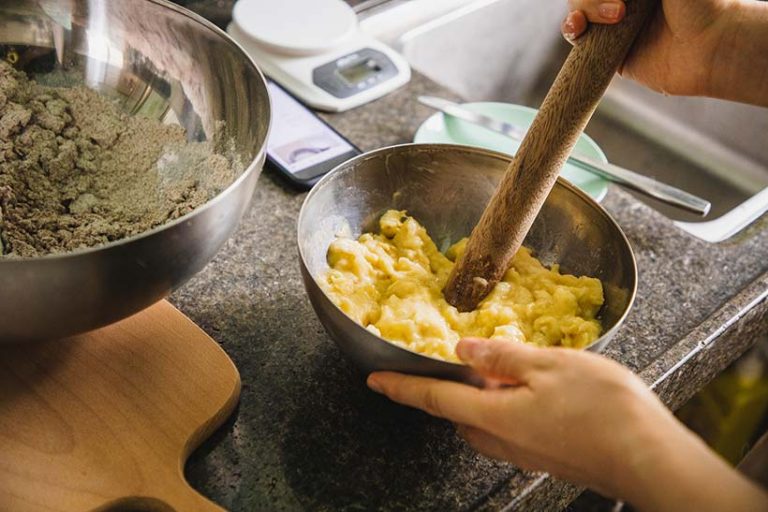 Mashed banana makes a great egg substitute in sweet vegan bakes. 